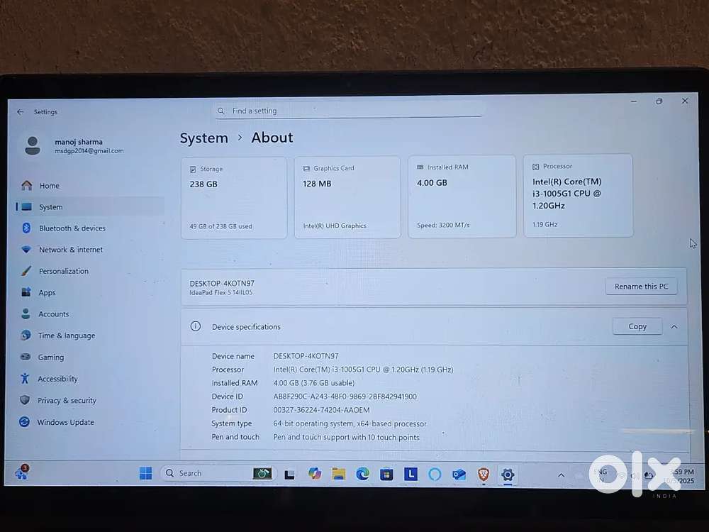 Lenovo i3 10th Gen flex 5 touch screen 4gb ddr4 256 m.2
