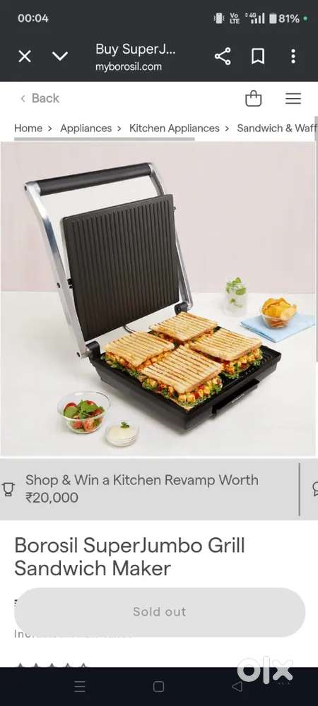 Borosil 2000W Super Jumbo Grill Sandwich Maker