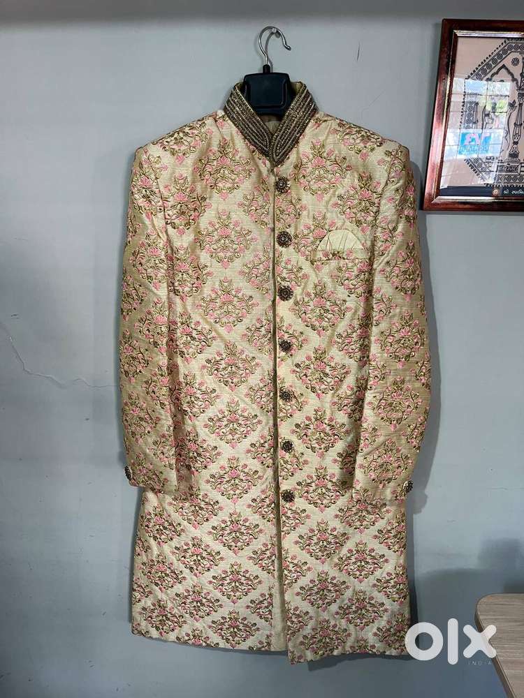 Men's Cream Sherwani Machine and Hand/Embroidery with Payjama