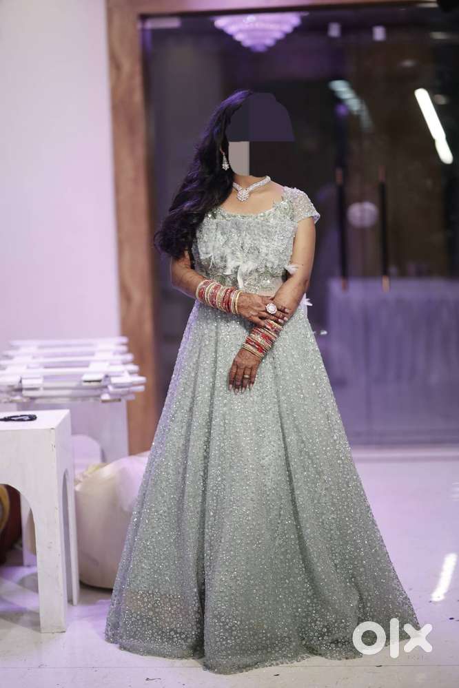 Premium Silver sequin & feather Embellished Party Gown - Sea Green