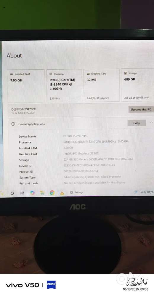 Cpu i3 3gen ,Ram 8 gb, ssb 250 gb ,Hdd 500gb, monitor 21 inc Aoc,