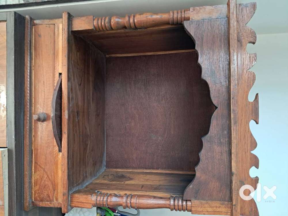 Teak or Sagwan wood Mandir , 2 Blue iron chairs with 4 plastic stools