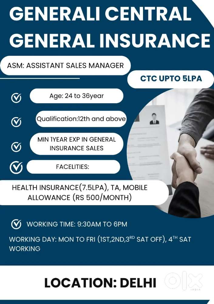 Delhi/ASM/Ctc upto 5lpa/health insurance/TA/Min1yrexp insurance sales