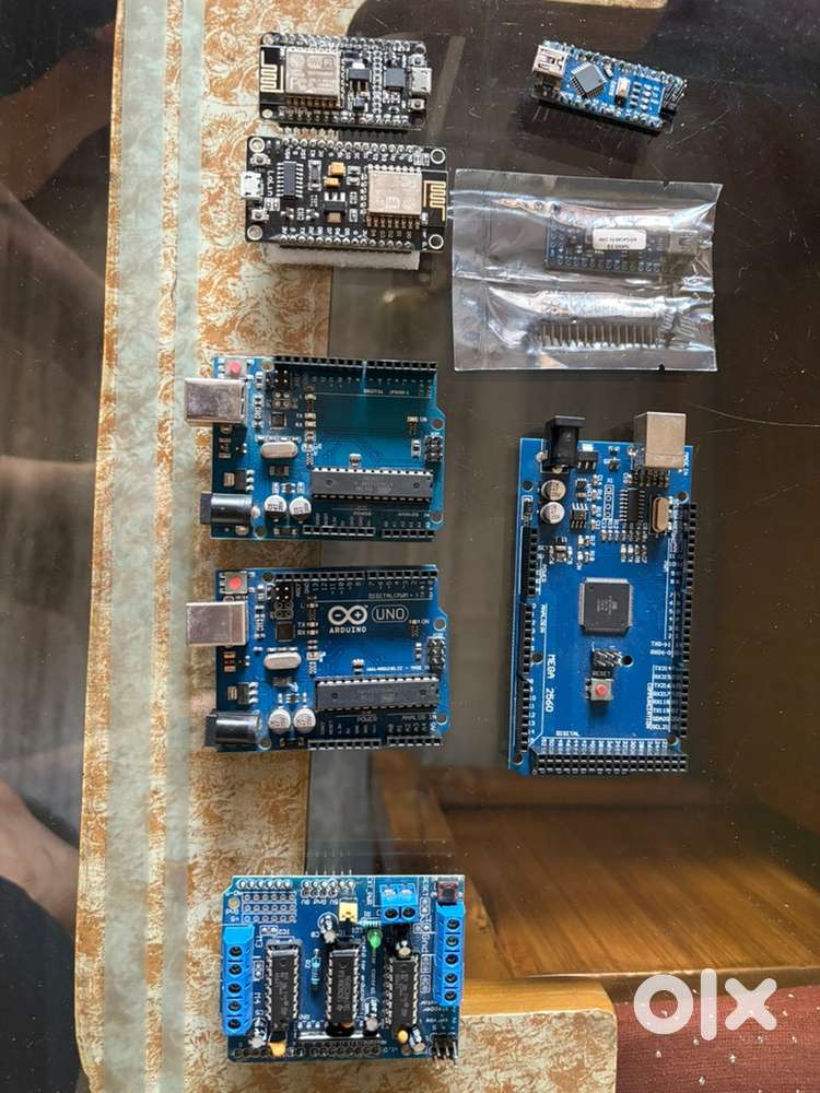 Arduino UNO x2, Mega, Nano x2, Node MCU x2, Motor Driver Shield UNO