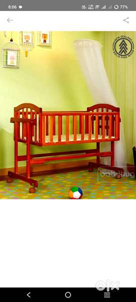 Babyhug wooden cradle with mosquito net | wheels with lock| swing lock