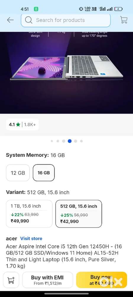 Laptop 16/512 gb