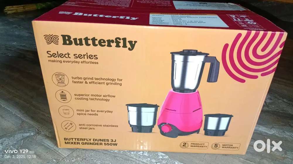 Brand new butterfly mixer grinder 550w -unopened pack /3jars/warranty