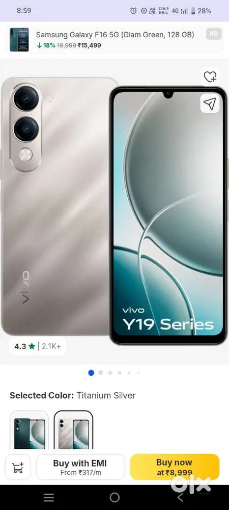 Vivo y19 E mobile for sale 4800 4gb ram 64gb internal
