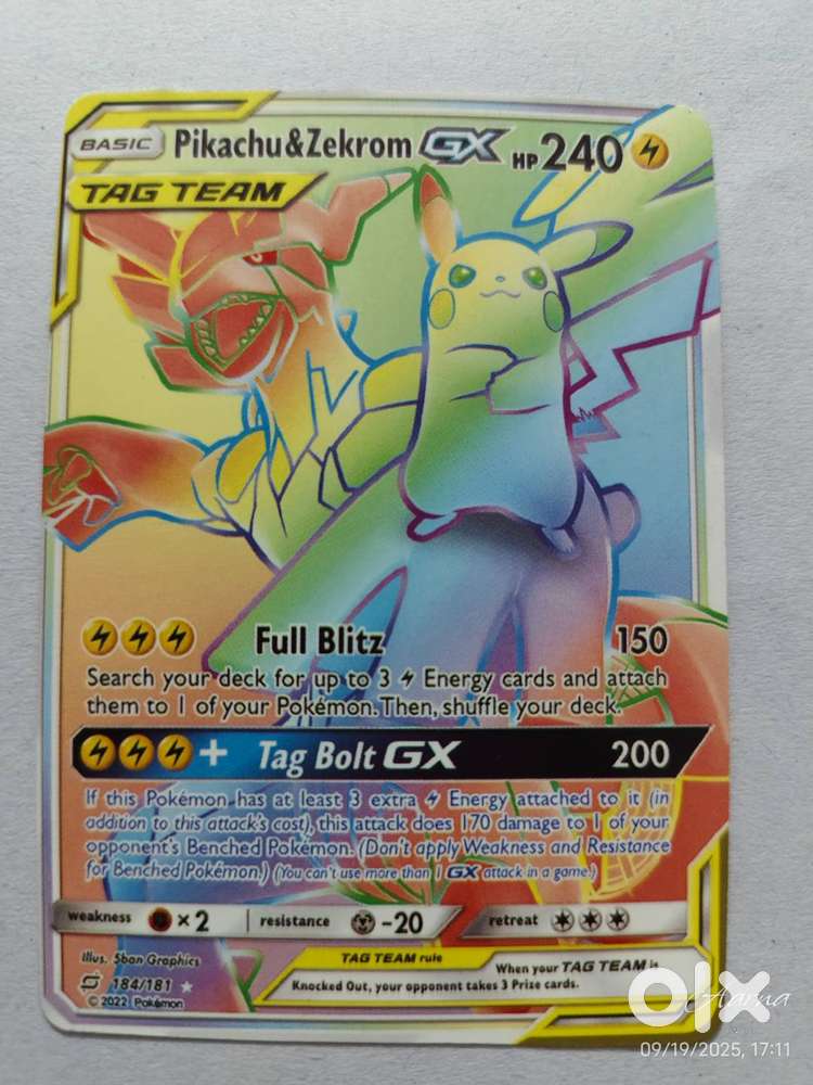 Rare Pokemon Card: Pikachu and Zekrom GX Tag Team Rainbow