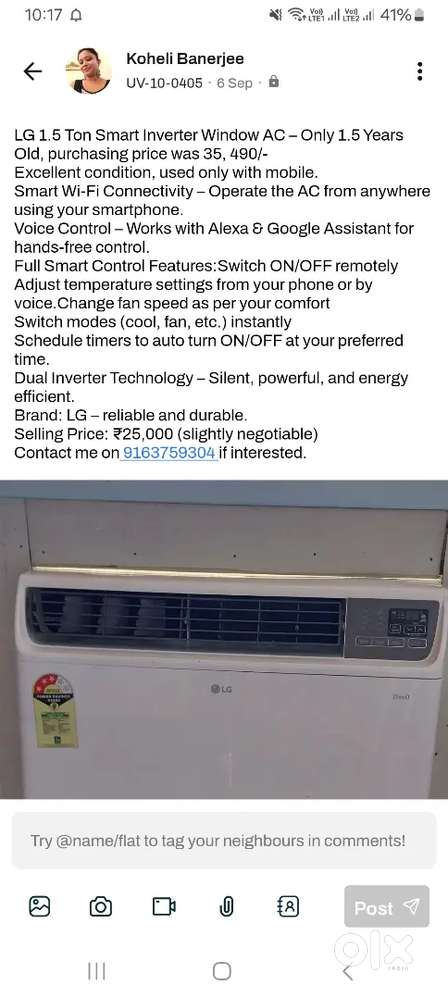 LG 1.5ton smart inverter AC 1.5 Years old