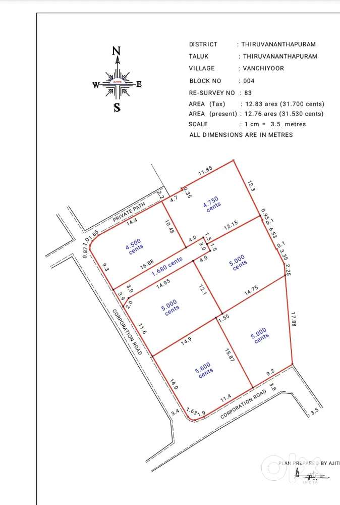 Pettha pallimukku jn main road 50 meter 5/4/6 cent plot sale sale