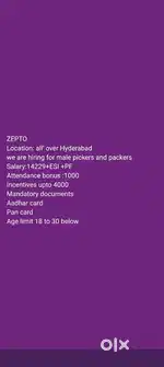 Wanted male's packing picker in Jeedimetla