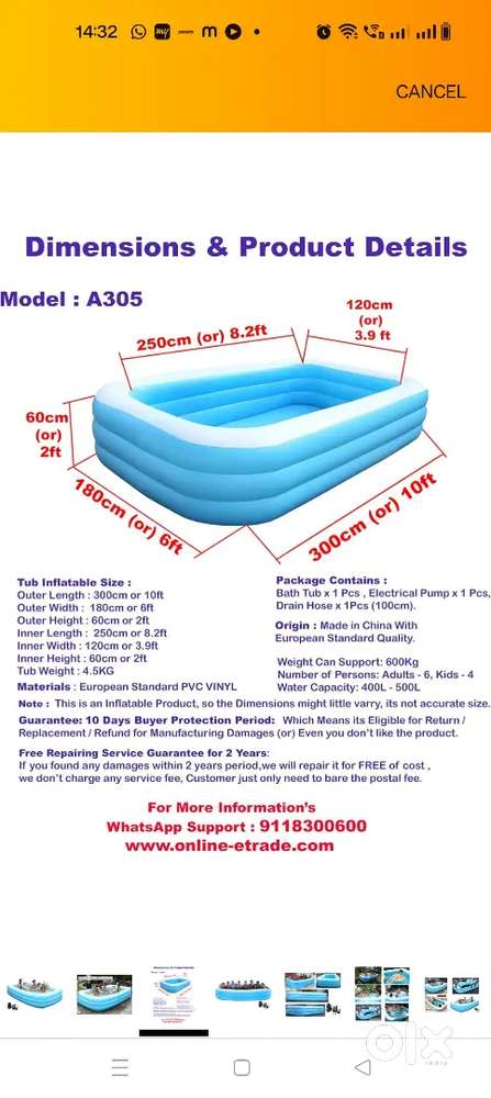 Swimming pool big size for adults
