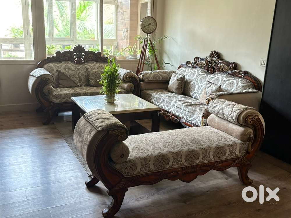 Teakwood 3+2 Seater Sofa with Chaise Lounge (Diwan Style)