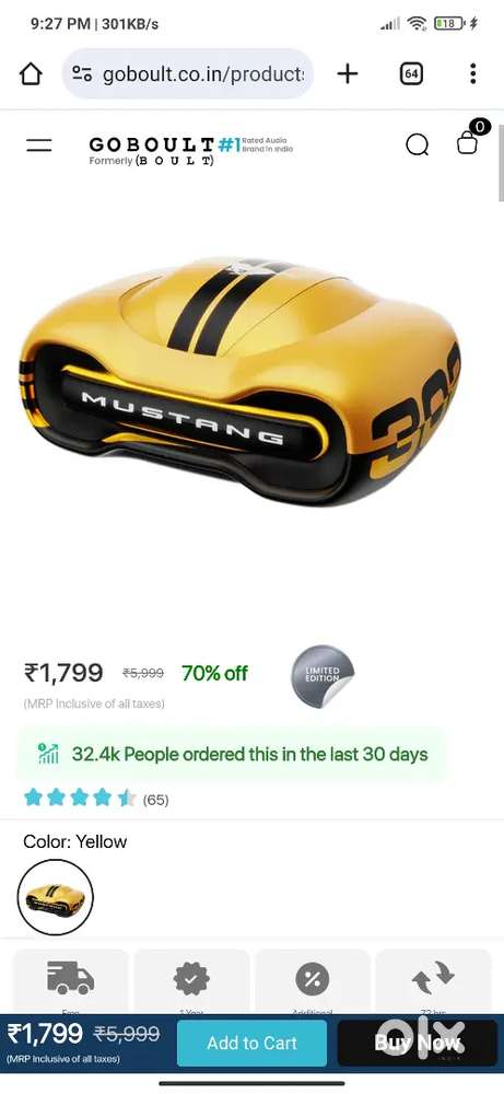 Mustang Torq Yellow earbuds go boult brand new seal pack earbuds