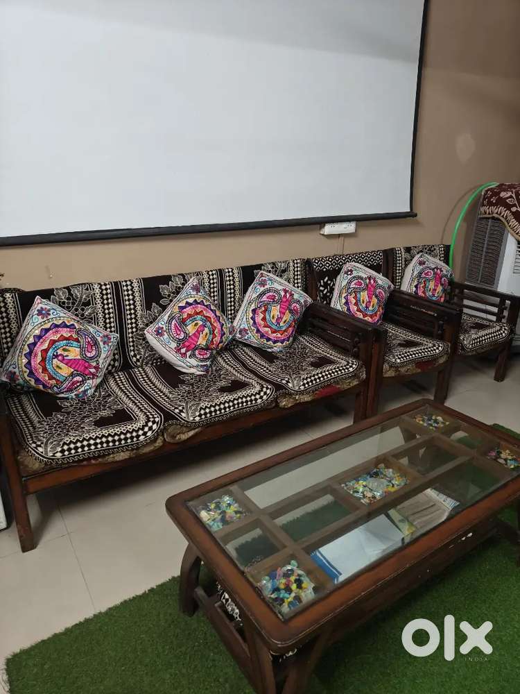 Premium Solid Teak Wood Sofa Set with Glass Centre Table- Good Condit.