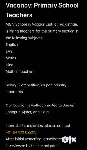 Vacancy: Primary School TeachersMGN School in Nagaur District, Rajasthan, is hiring teachers for the...