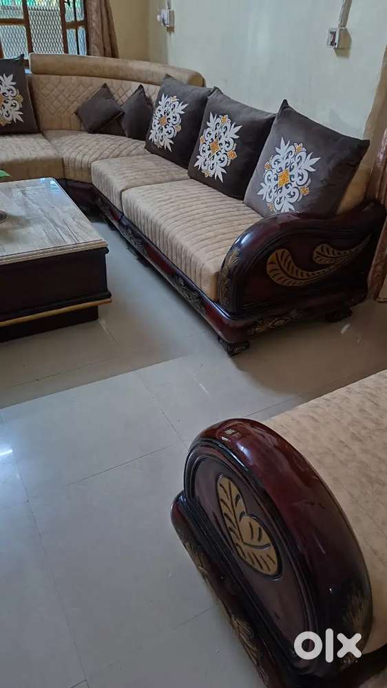 8 seater L-shape Sagwaan wood sofa with marble top centre table