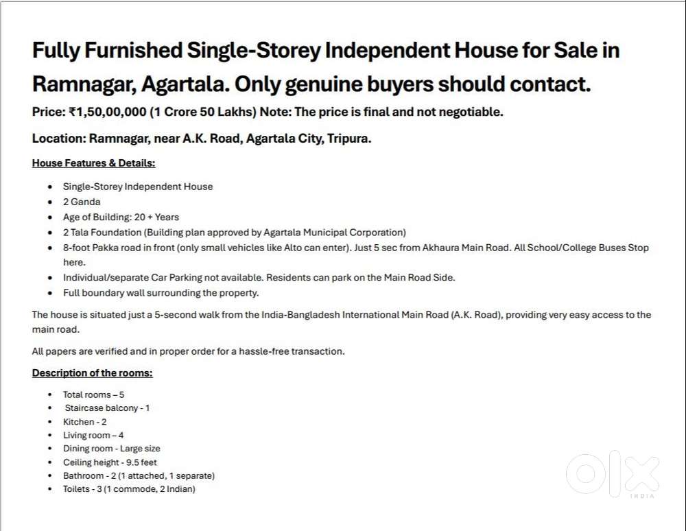 Fully Furnished Single-Storey Independent House for Sale in Ramnagar,