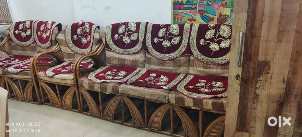 Bamboo can sofa 3+2+1+ glass tea table 3by2
