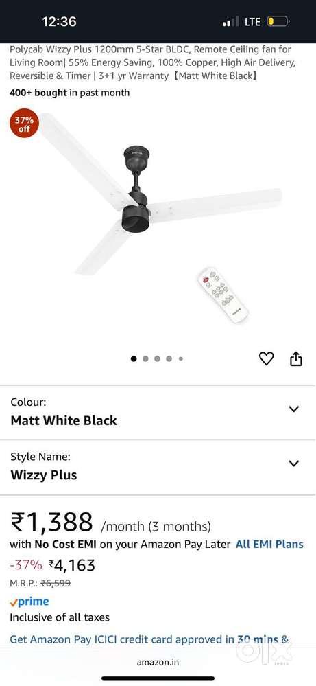 Box Pack Polycab Wizzy Plus 1200mm 5-Star BLDC Remote Ceiling fan