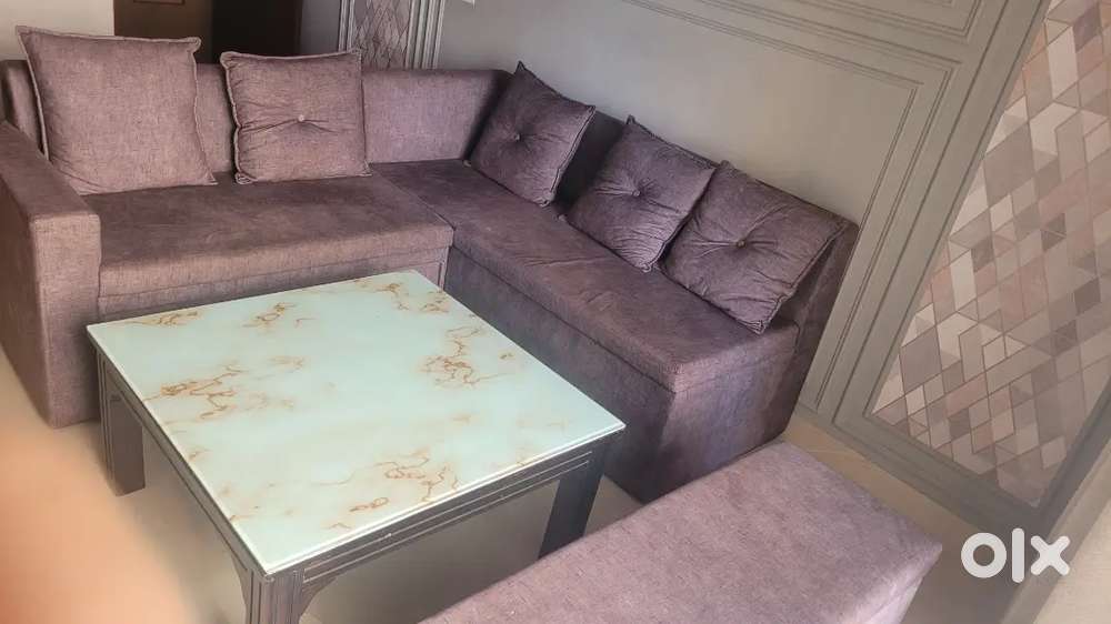 Sofa cum bed with center table (with marble finish glass top) & setty