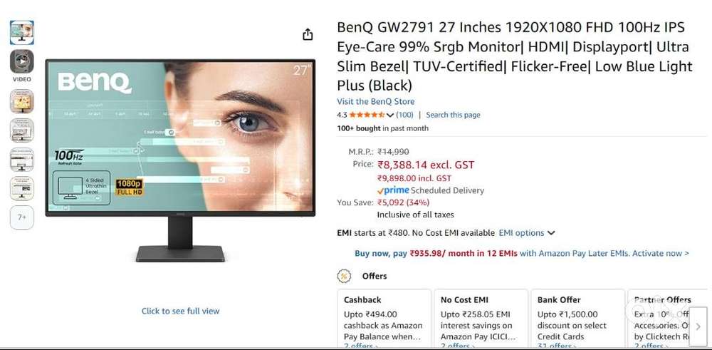Computer Monitor BenQ GW2791 27 Inches 1920X1080 FHD 100Hz