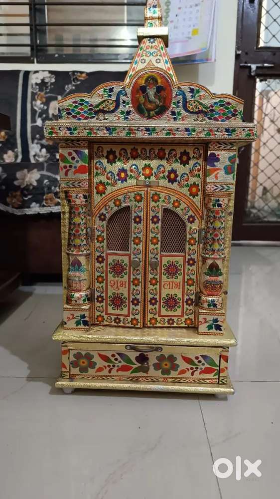 Gold Foiled Handcrafted Wooden Pooja Mandir For Sale
