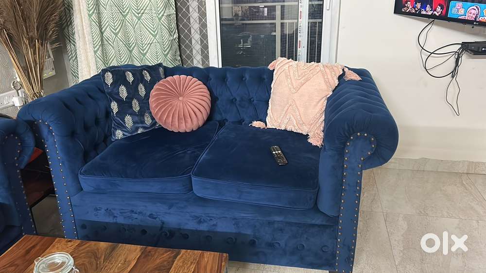 Blue Suede 2-Seater Sofa Set (Set of 2)