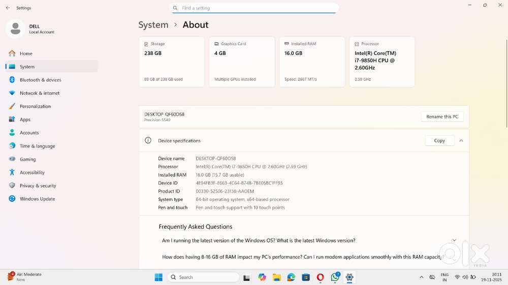 Dell 16GB, i7 9th Gen - 4k Tuch Screen (fully working Condition)
