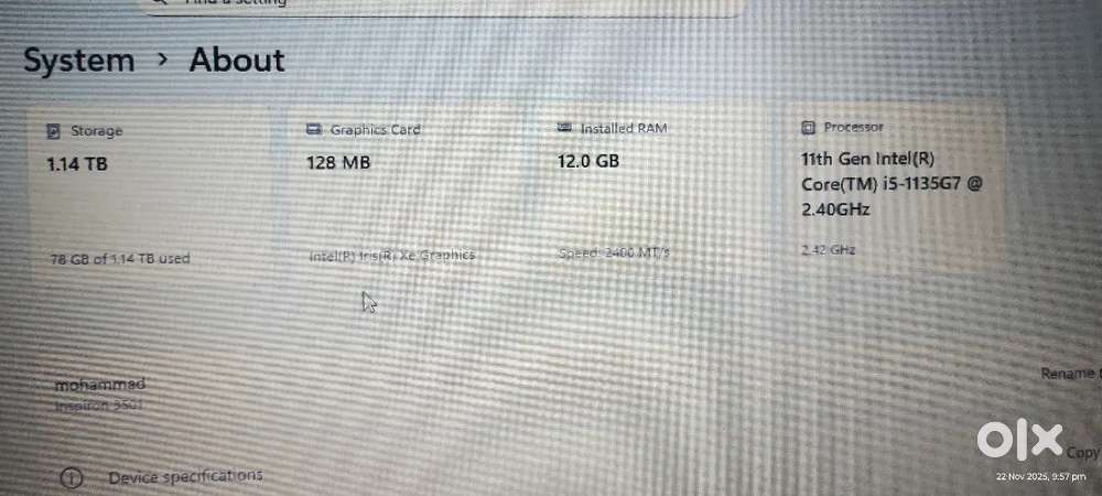 Dell laptop 11th Gen Intel(R) Core (TM) i5 -1135G7 2.40GHz,