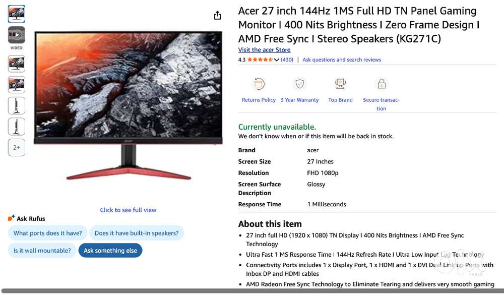 27 inch Acer Gaming monitor 144Hz 1 ms