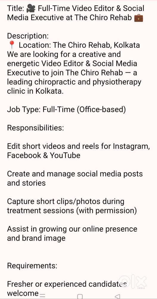 Full-Time Video Editor & Social Media Executive at The Chiro Rehab