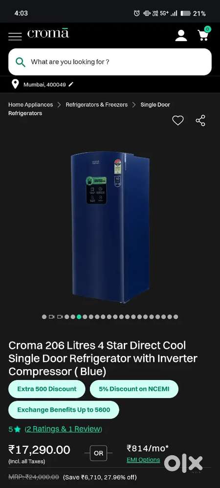 Tata Croma Refrigerator 206 litres
