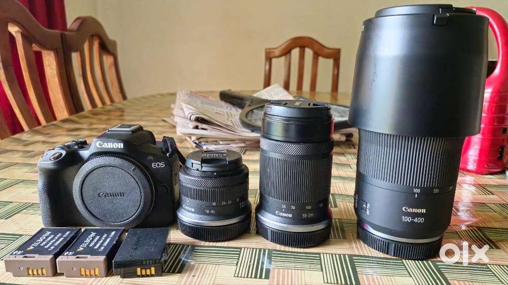 Canon R50 + 55m + 210m + 100-400m lenses + 3 USB chargeable batteries