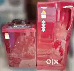 Red colour topload washing machine and red colour single door fridge