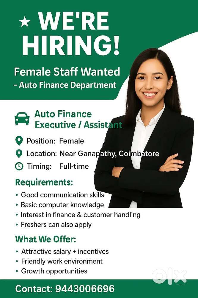 Female staff wanted for Auto finance department