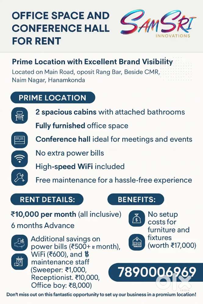 Co-working space (2 cabins with bathrooms, meeting Hall)