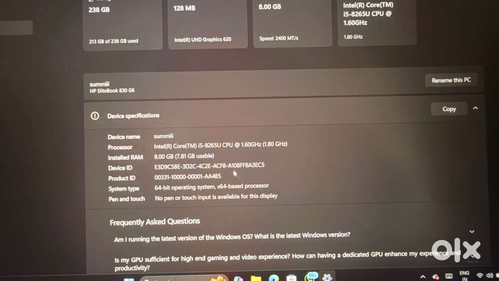 Hp Leptop g30 G6 8GB REM 256 GB SSD KE SATH LIKE TO NEW CONDITION