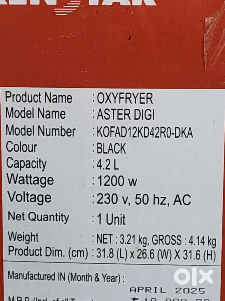 Aster Digi oxy air fryer