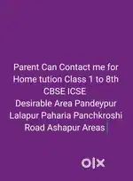 I am Home tutor . CBSE ICSE 1 TO 8th