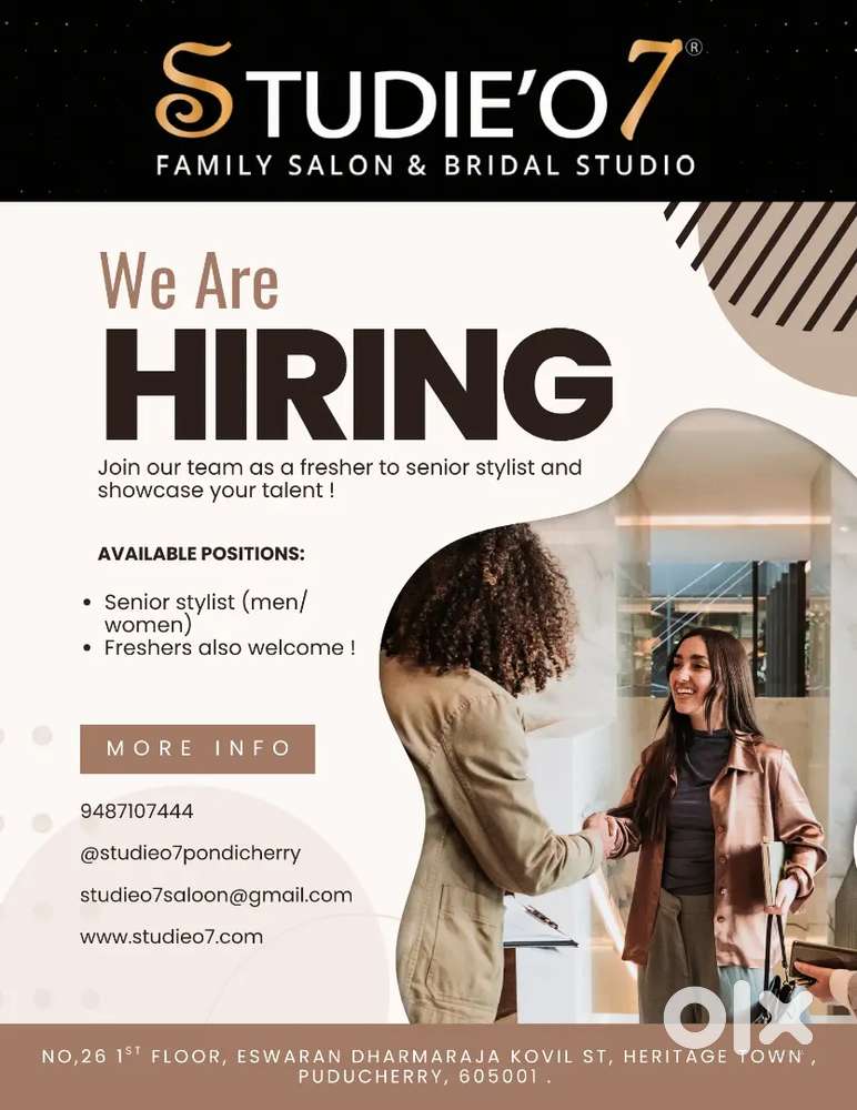 Wanted branded salon Freshers to senior unisex stylist