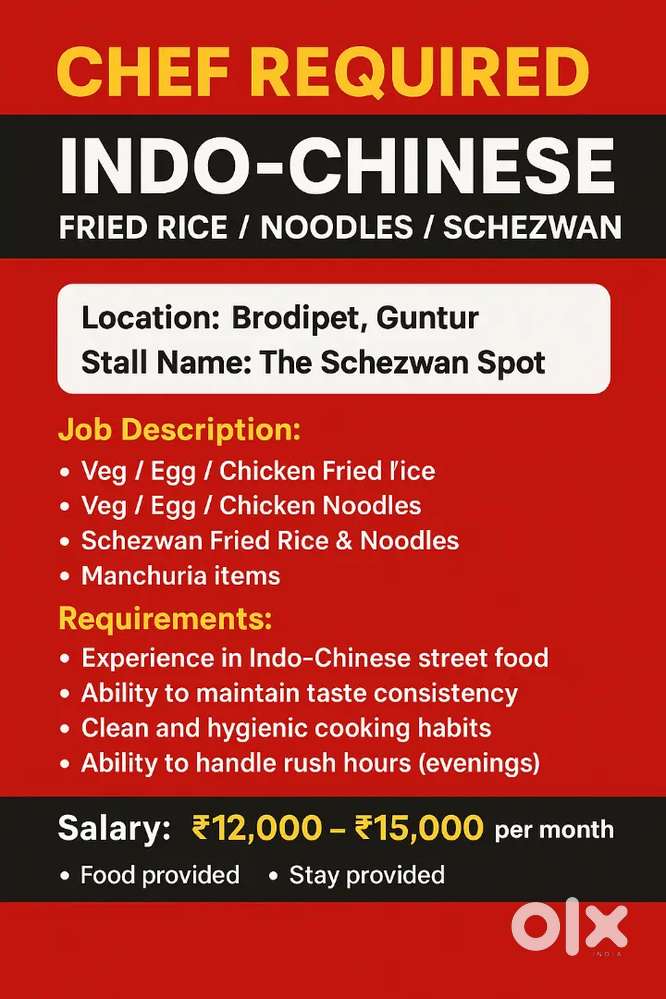 CHEF REQUIRED – INDO-CHINESE (FRIED RICE / NOODLES / SCHEZWAN)
