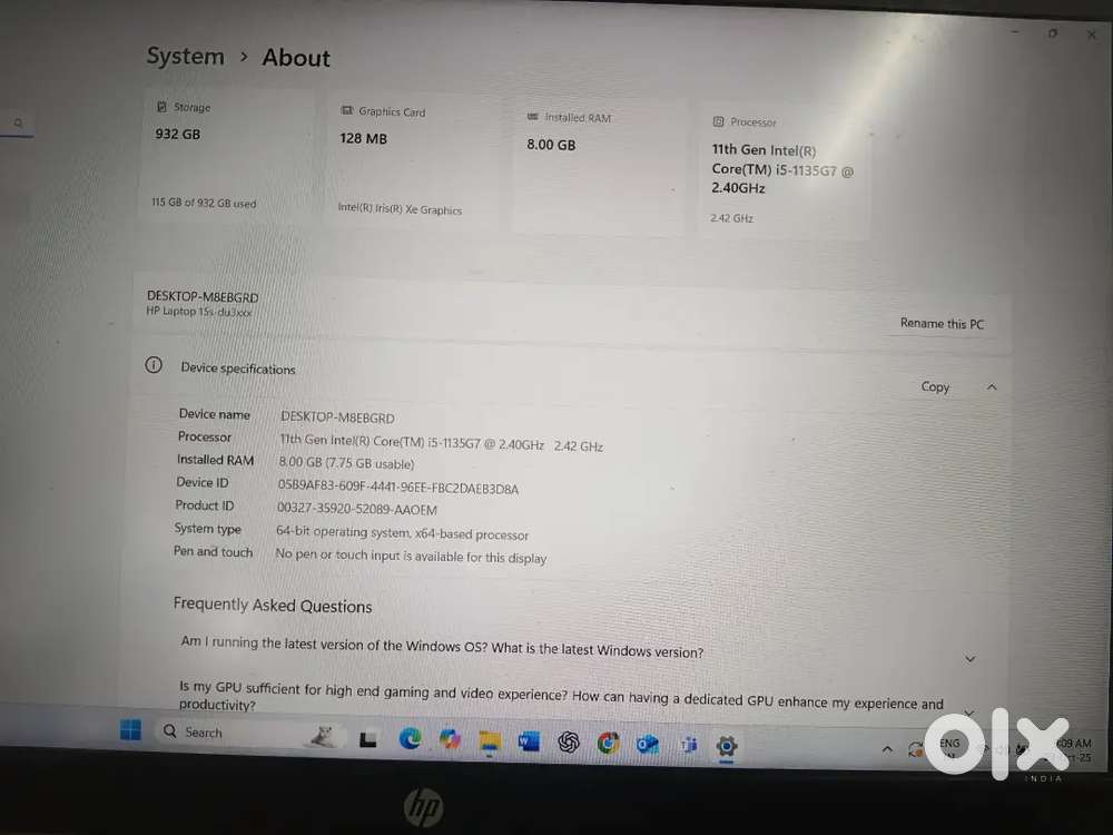 HP leptop 11th Gen, i5, ram 8GB, 1 TB HDD