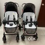 Twin Detachable Stroller Pram Reversible Handle -Grey -Rubber Wheels