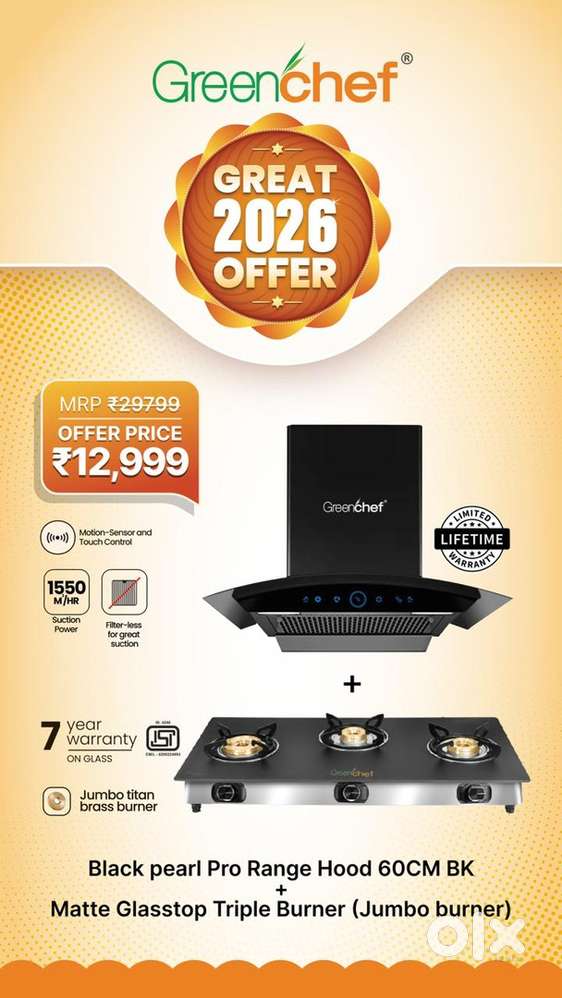 Brand New Greenchef Black Pearl Chimney+Matte Jumbo Glasstop MRP-29799