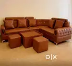 L shape new brand luxury design sofa set with centre table and 2 puffy