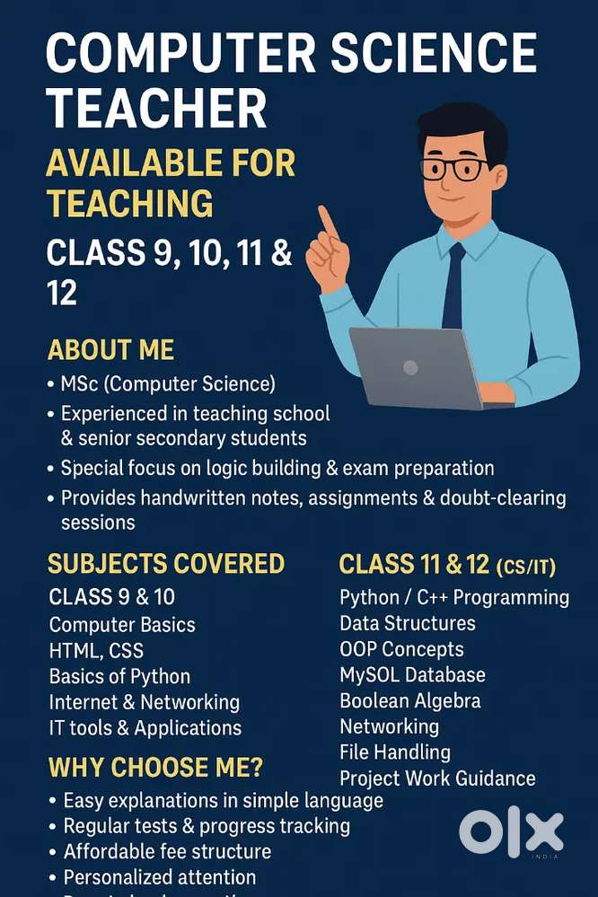 Computer Science teacher available for class 9 , 10, 11 and 12