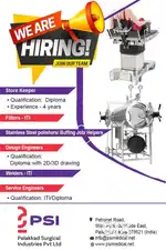 Openings for Store keeper, ITI Welder, Design Engineer, Fitter, Turner