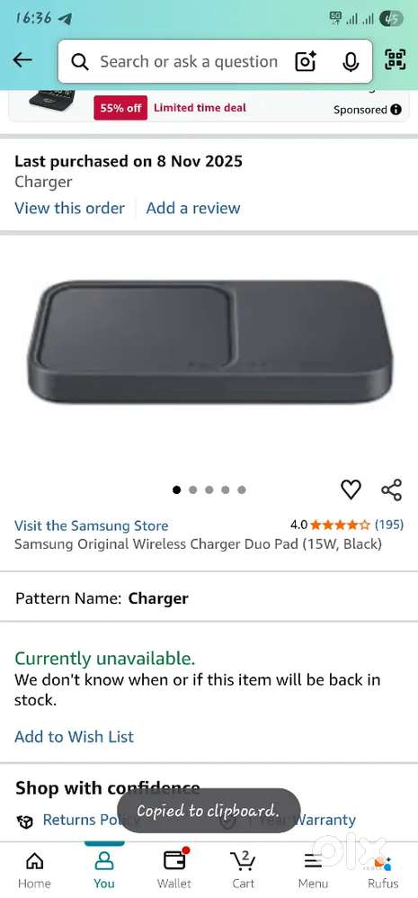 Samsung Original Wireless Charger Duo Pad (15W, Black)